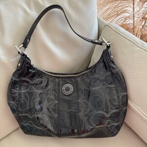 Coach Y2K Black signature print crinkle patent leather bag